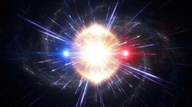 The Cosmic Dance of Particles: A vibrant visualization of subatomic particles colliding, emitting light and energy in a spectacular display of fundamental physics.