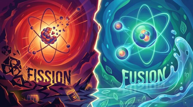 Nuclear Fission vs Fusion Energy: A vibrant visual representation contrasting the destructive power of nuclear fission with the clean, harmonious energy of nuclear fusion.