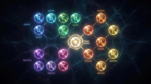 Particle Physics Diagram: An intricate illustration showcasing the fundamental particles and forces of the Standard Model, with quarks, leptons, bosons, and their interactions depicted in a vibrant.