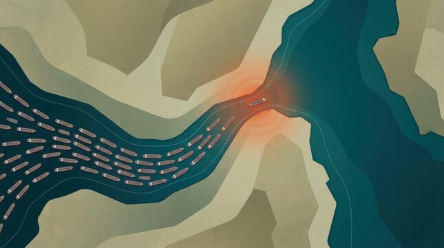 Flood Hazard: An aerial view shows a river overflowing its banks, threatening a settlement downstream with floodwaters and a hazard zone indicated by an orange glow.