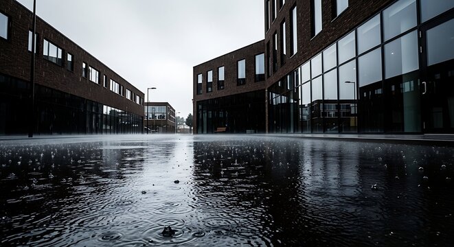 Reflective modern architecture in black and white with wet pavement and dramatic urban mood