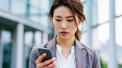 Fototapeta premium Anxious or worried Japanese businesswoman checking her smartphone outside an office building