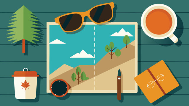 Top view travel planning set featuring a map of a mountainous region coffee sunglasses and notebook on a wooden table planning adventure vacation sunglasses notebook exploration accessories