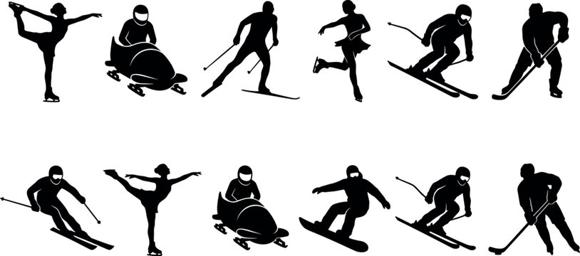 Collection of black silhouettes depicting various winter sports athletes including figure skaters skiers bobsledders snowboarders and ice hockey players on white background.