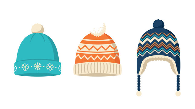 Collection of colorful winter knitted hats featuring patterned beanies with pom poms and a traditional chullo ushanka earflap cap isolated on white background.