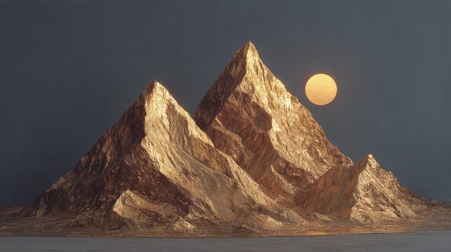 Three colossal 24k gold mountains with sharp reflective surfaces and hammered textures, metallic ridges catching light, dramatic twin sun reflections, hyperrealistic landscape