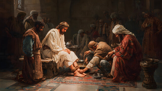 An ancient depiction of profound humility and selfless service, showing a revered figure washing the feet of followers in a timeless act of devotion and compassion