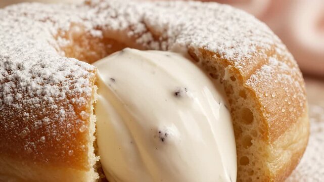 Donut filled with cream and powdered sugar perfect for cooking tutorials and recipe showcases