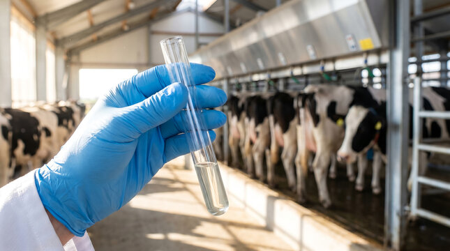 Dairy technician holding glass test tube, with clear milk or fluid sample in blue glove, evaluating quality control, automated milking parlor with row of cows, food safety photography