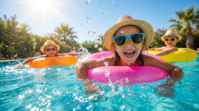 Happy children in swimming pool, with colorful inflatable rings and sunglasses, floating and splashing water under bright sun, outdoor resort with palm trees, summer vacation photography