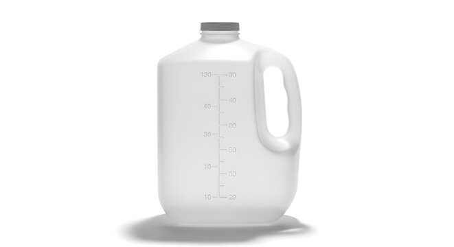 Clear plastic jug with handle and measurement markings, isolated on white background