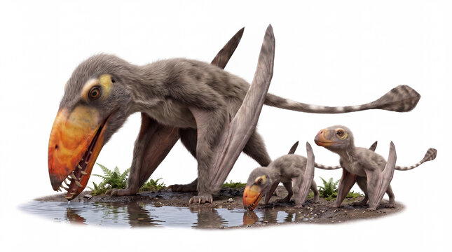 Dimorphodon macronyx drinking water with two juveniles nearby in a natural prehistoric behavior scene, highly realistic reconstruction, isolated on white background.