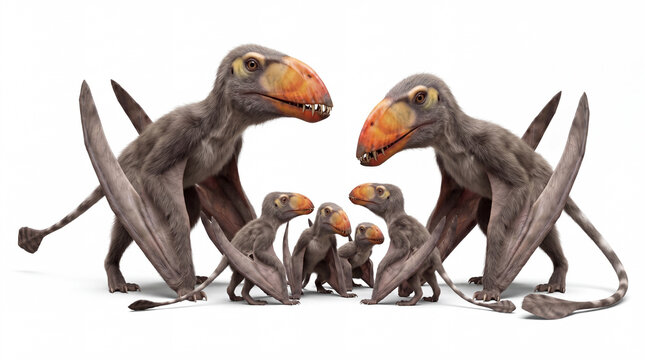 Dimorphodon macronyx family group gathered together in a natural prehistoric scene, highly realistic reconstruction, isolated on white background, detailed anatomy and social behavior.