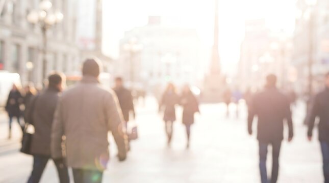 Blurred crowd of people walking on city sidewalk during bright sunset light with soft focus effect creating abstract urban motion concept for busy metropolitan life and commuting
