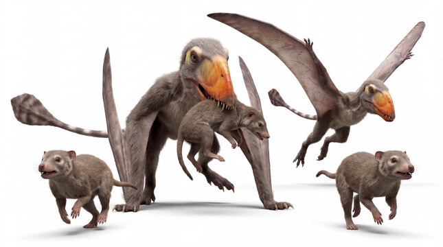 Dimorphodon macronyx capturing a small proto-mammal in a dynamic prehistoric hunting scene, highly realistic reconstruction, isolated on white background, detailed anatomy and motion.