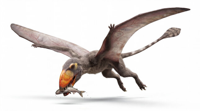Dimorphodon macronyx catching fish in a dynamic hunting pose, highly realistic prehistoric reconstruction, isolated on white background, detailed anatomy and wing structure.