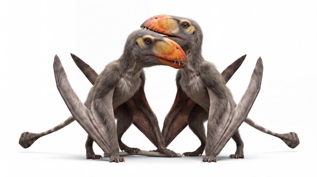 Dimorphodon macronyx couple interacting in a natural prehistoric social behavior scene, highly realistic reconstruction, isolated on white background.