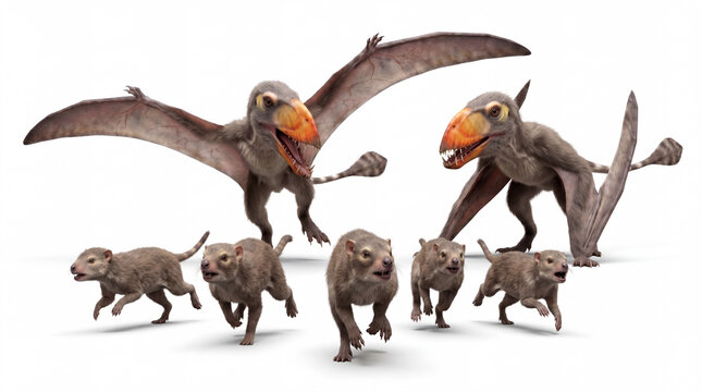 Pair of Dimorphodon macronyx hunting small proto-mammals in a dynamic prehistoric scene, highly realistic reconstruction, isolated on white background, detailed anatomy and behavior.