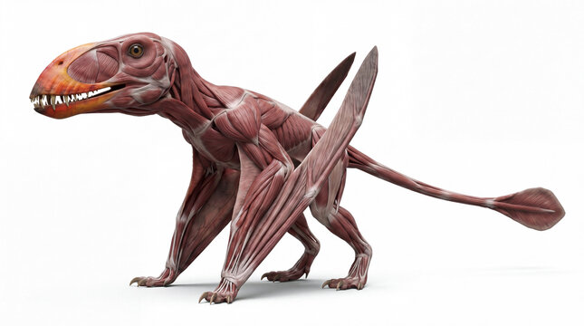 Dimorphodon macronyx muscular anatomy view highlighting body structure and flight musculature, highly realistic prehistoric reconstruction, isolated on white background.