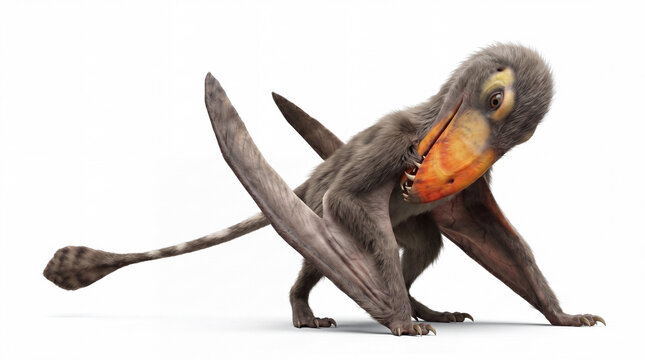 Dimorphodon macronyx preening its feathers and wing membranes in a natural grooming behavior, highly realistic prehistoric reconstruction, isolated on white background.