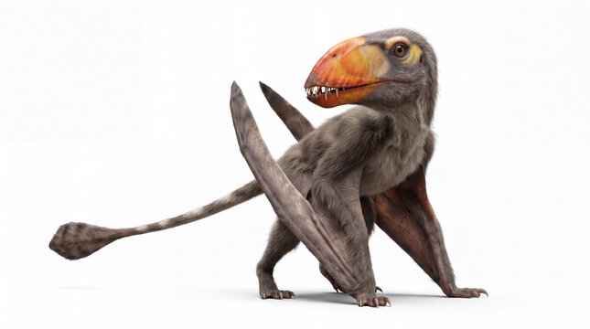 Dimorphodon macronyx looking back over its shoulder in an alert pose, highly realistic prehistoric reconstruction, isolated on white background, detailed anatomy and wing structure.
