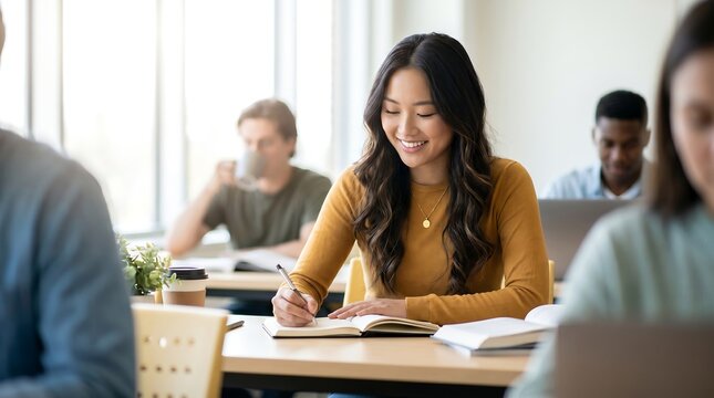 Happy female student writing in notebook during study session at university desk with classmates in bright library setting