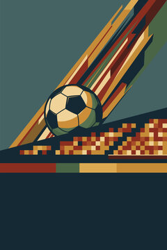 Abstract geometric shooting soccer ball from the stadium with turquoise vertical background retro style have blank space.