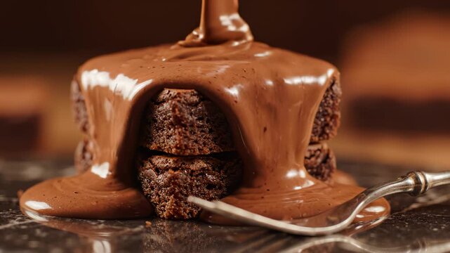 Chocolate brownies with frosting and fork perfect for UI/UX elements and digital motion graphics