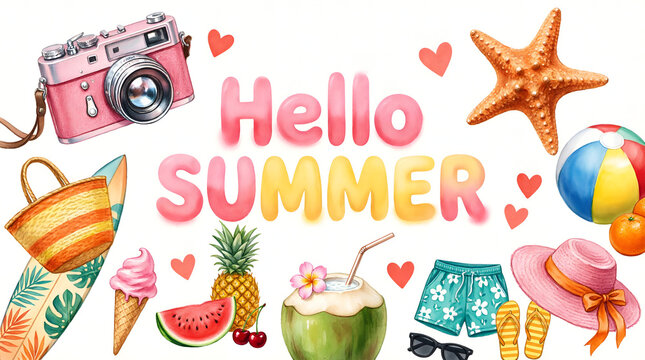 Colorful summer icons and text on white background with beach and vacation themed items