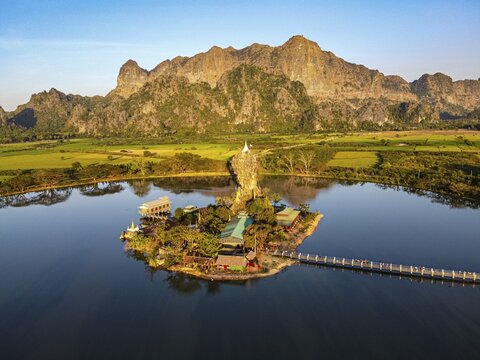 Aerial of the Kyauk Kalap pagoda, Hpa-An, Kayin state, Myanmar, Hpa-an Township, Kayin State, Myanmar