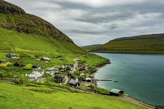 Bour village with many grasstop roofs, Vagar, Faroe islands, Denmark