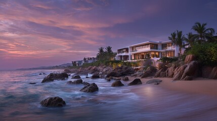 Fototapeta premium Tranquil Beachfront Retreat at Dusk with Soft Waves and Colorful Sky over Luxury Coastal Residence Surrounded by Tropical Palm Trees