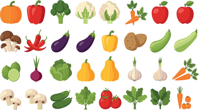 Collection of fresh organic vegetables icons set including pumpkin pepper broccoli cauliflower carrot eggplant cabbage cucumber tomato and garlic