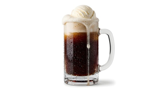 Refreshing root beer float in a glass mug with foamy ice cream on top