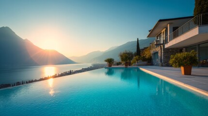Obraz premium Breathtaking Sunrise Over Infinity Pool with Scenic Mountain and Lake View in a Serene Luxury Villa Setting