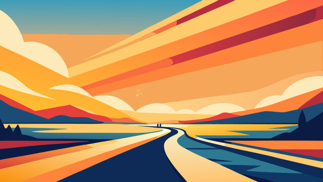 Abstract scenic landscape with winding road and sunset clouds landscape adventure abstract illustration mountains colorful minimalist direction destination background wallpaper stylized