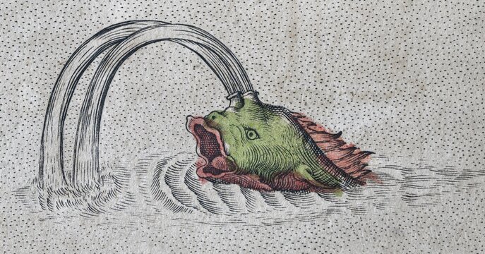 Sea monster, hand-coloured Iceland copperplate engraving by Gerhard Mercator, 1595