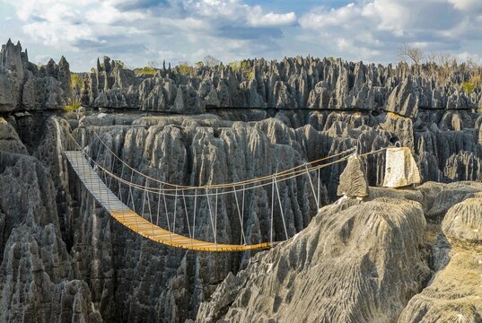 Hanging bridge over the Tsingys in the Unesco world heritage sight Tsingy de Bemaraha Strict Nature Reserve, Madagascar, Indian Ocean