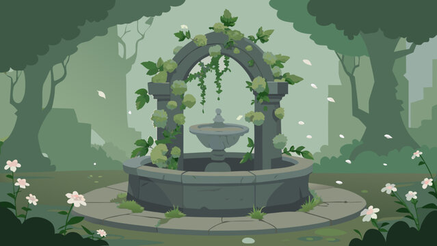 Stone garden fountain surrounded by greenery and flowers illustration with fountain architecture landscape parkland peaceful illustration sculpture structure blooming parkscape environmental