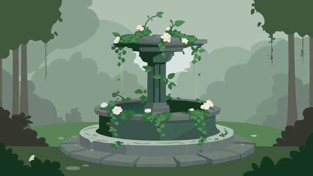 Vintage stone fountain with climbing vines in lush garden fountain architecture landscape parkland peaceful illustration sculpture structure blooming parkscape environmental decorative