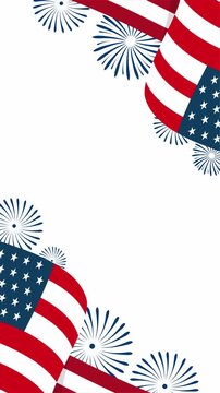 patriotic american flag and fireworks vertical background animation loop