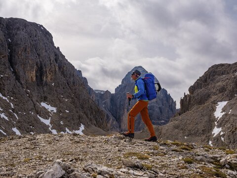 Mountaineers in the Molignon Pass on the Dolomite High Route number 8, Catinaccio, Dolomites, South Tyrol, Italy