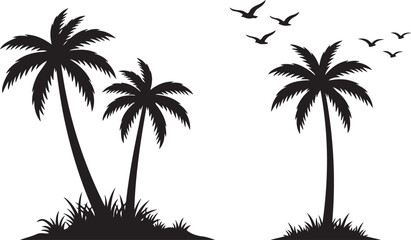Tropical Palm Trees With Flying Birds Silhouette Vector Landscape For Summer Travel Nature Themes © MDZiaul