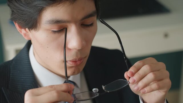 Young Asian professional at desk, adjusting glasses, practicing pitch with notes and laptop, navy suit and striped tie, intense concentration, subtle anxiety, organizing documents, preparing