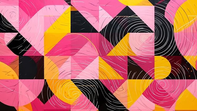 A vibrant geometric pattern featuring colorful shapes and lines