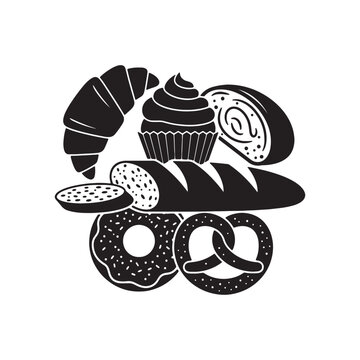 Black silhouette of assorted bakery foods, including bread, pastries, and sweets