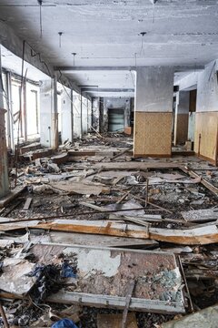 Destroyed interior in the abandoned mining city Kadykchan, Road of Bones, Magadan Oblast, Russia