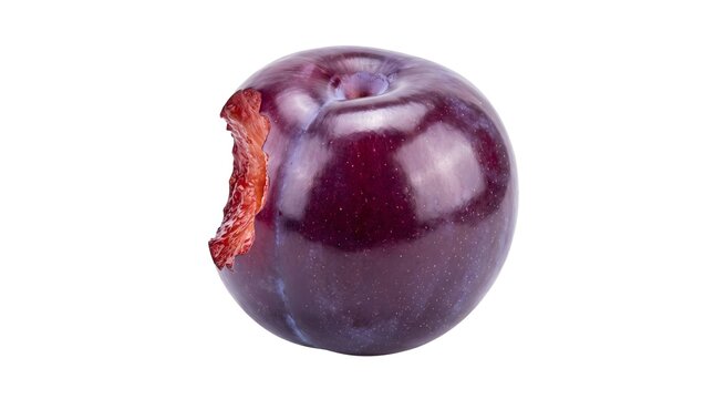 Fresh Glossy Bitten Red Plum Isolated on White Background