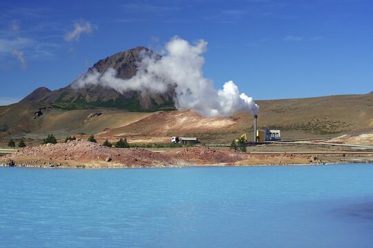 Geothermal lake and volcano, steam vapour, moon-like landscape, Myvatn, Iceland