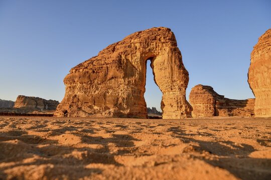 Elephant Rock or Elephant Rock in First Daylight, AlUla, Medina Province, Saudi Arabia, Arabian Peninsula